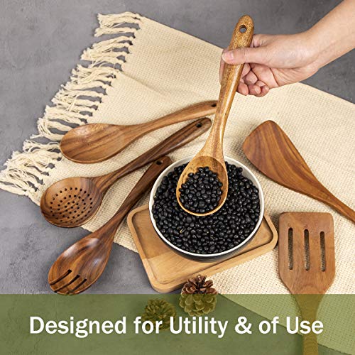 10 Pack Wooden Spoons for Cooking, Teak Wood Kitchen Utensils Set for Non Stick Use, Spatula Set for Stirring, Baking, Non Stick Wooden Utensils for Kitchen - CookCave