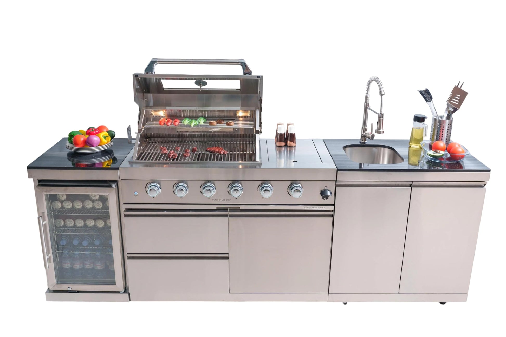 104" Outdoor Kitchen Island with 4-Burner 72000 BTU, Outdoor Kitchen with Barbecue Grill with Sink, Wine Beverage Compact Refrigerator, Rotisserie, Stainless Steel Storage Cabinets - CookCave