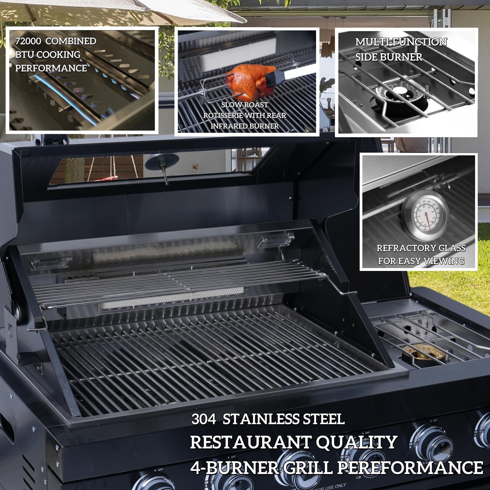 104" Outdoor Kitchen Island with 4-Burner 72000 BTU, Outdoor Kitchen with Barbecue Grill with Sink, Wine Beverage Compact Refrigerator, Rotisserie, Stainless Steel Storage Cabinets - CookCave