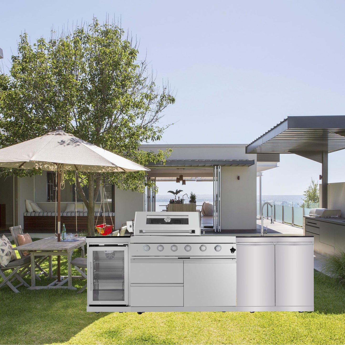 104" Outdoor Kitchen Island with 4-Burner 72000 BTU, Outdoor Kitchen with Barbecue Grill with Sink, Wine Beverage Compact Refrigerator, Rotisserie, Stainless Steel Storage Cabinets - CookCave