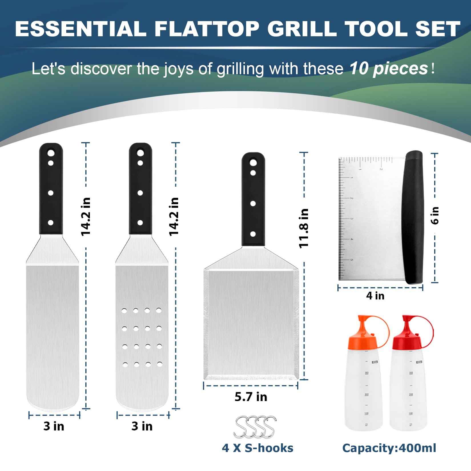 10PCS Griddle Accessories Kit, Joyfair Stainless Steel Flat Top Grill Tools Set, Commercial Metal Spatula Burger Turner BBQ Teppanyaki Utensil for Outdoor Camping Grilling (ABS Handles) - CookCave