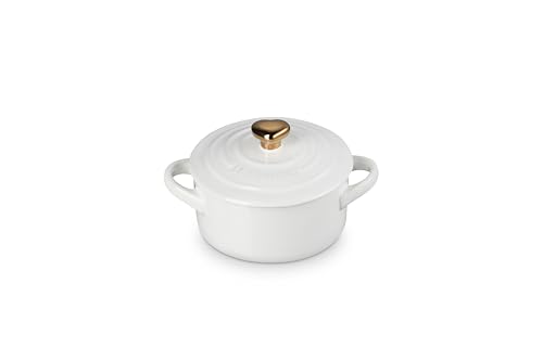 Le Creuset Stoneware Mini Round Cocotte, 8oz., White with Gold Heart Knob
