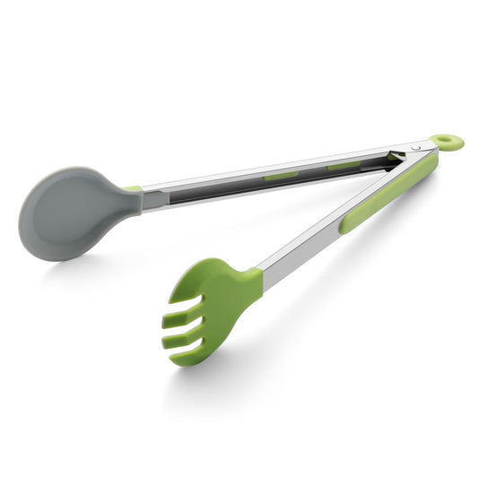 12 Inch Cooking Tongs, 2-in-1 Design with 0.5oz Measure Spoon, Stainless Steel Kitchen Tongs with Silicone Tips, Non-Stick Food Tongs for Cooking, Grilling, BBQ, Salad, Buffet, Serving (12", Green) - CookCave