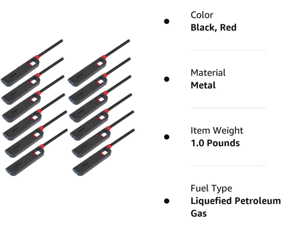 12 Pack - Fuel Included BBQ Grill Long Lighter - Refillable Butane Gas Candle Fireplace Kitchen Stove Wind Resistant, Red - CookCave