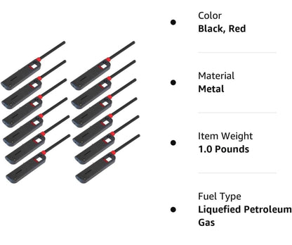 12 Pack - Fuel Included BBQ Grill Long Lighter - Refillable Butane Gas Candle Fireplace Kitchen Stove Wind Resistant, Red - CookCave