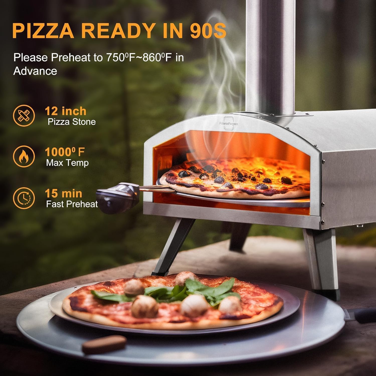 12” Portable Wood Fired Pizza Oven - Stainless Steel Pellet Pizza Stove for Outdoor Cooking, Backyard & Camping - CookCave