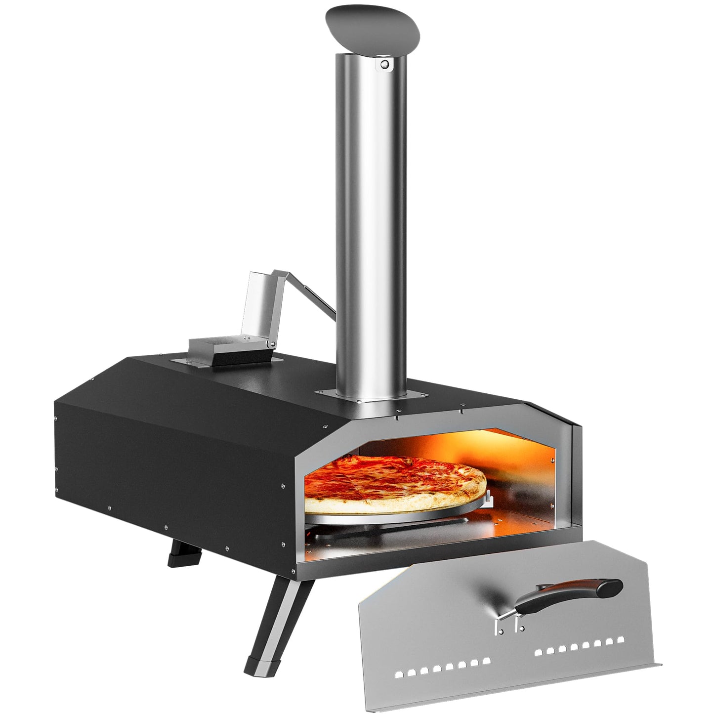 12" Wood Pellet Outdoor Pizza Oven,Wood Fired Portable Pizza Maker with Pizza Stone, Pellet Pizza Stove with Thermometer, Countertop Pizza Grill for Backyard and Outside, Black - CookCave