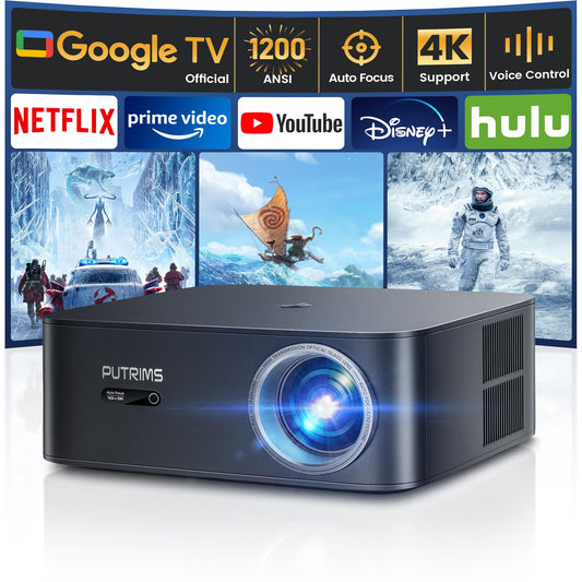 [1200 ANSI/Google TV/Voice Control]Smart Projector with WiFi 6 and Bluetooth, Netflix-Licensed 4K Support, Outdoor Movie Proyector, 1080P Home Ceiling Auto Focus Projector, PUTRIMS K12 Gray - CookCave