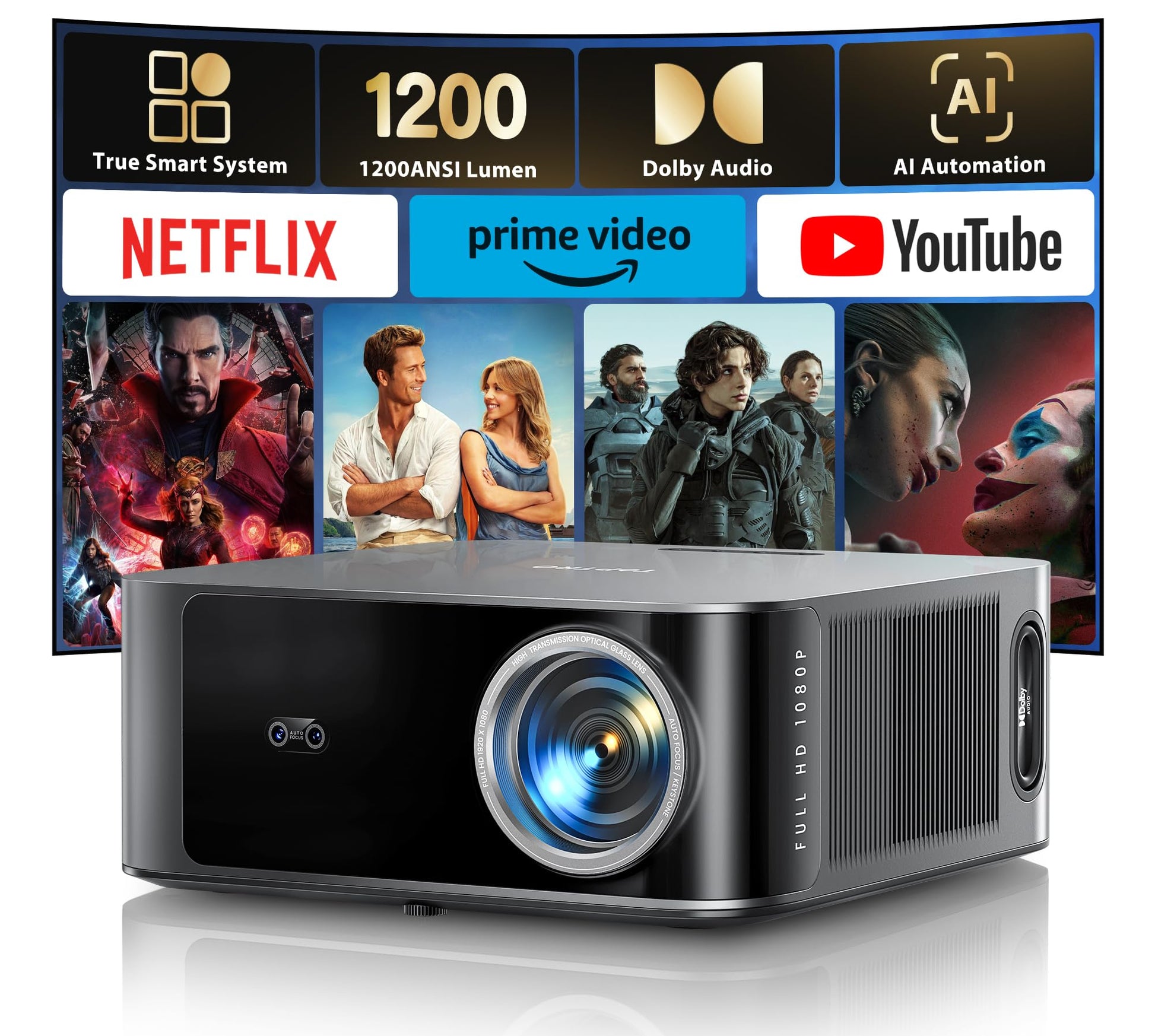 [1200 ANSI/Netflix-Licensed/36W Dolby Audio] Smart Projector with WiFi 6 and 2-Way Bluetooth, Auto Focus & Keystone, TOPTRO X9 4K Supported Outdoor Movie Projector, Gray - CookCave