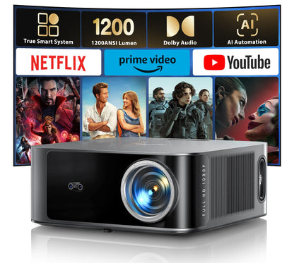 [1200 ANSI/Netflix-Licensed/36W Dolby Audio] Smart Projector with WiFi 6 and 2-Way Bluetooth, Auto Focus & Keystone, TOPTRO X9 4K Supported Outdoor Movie Projector, Gray - CookCave