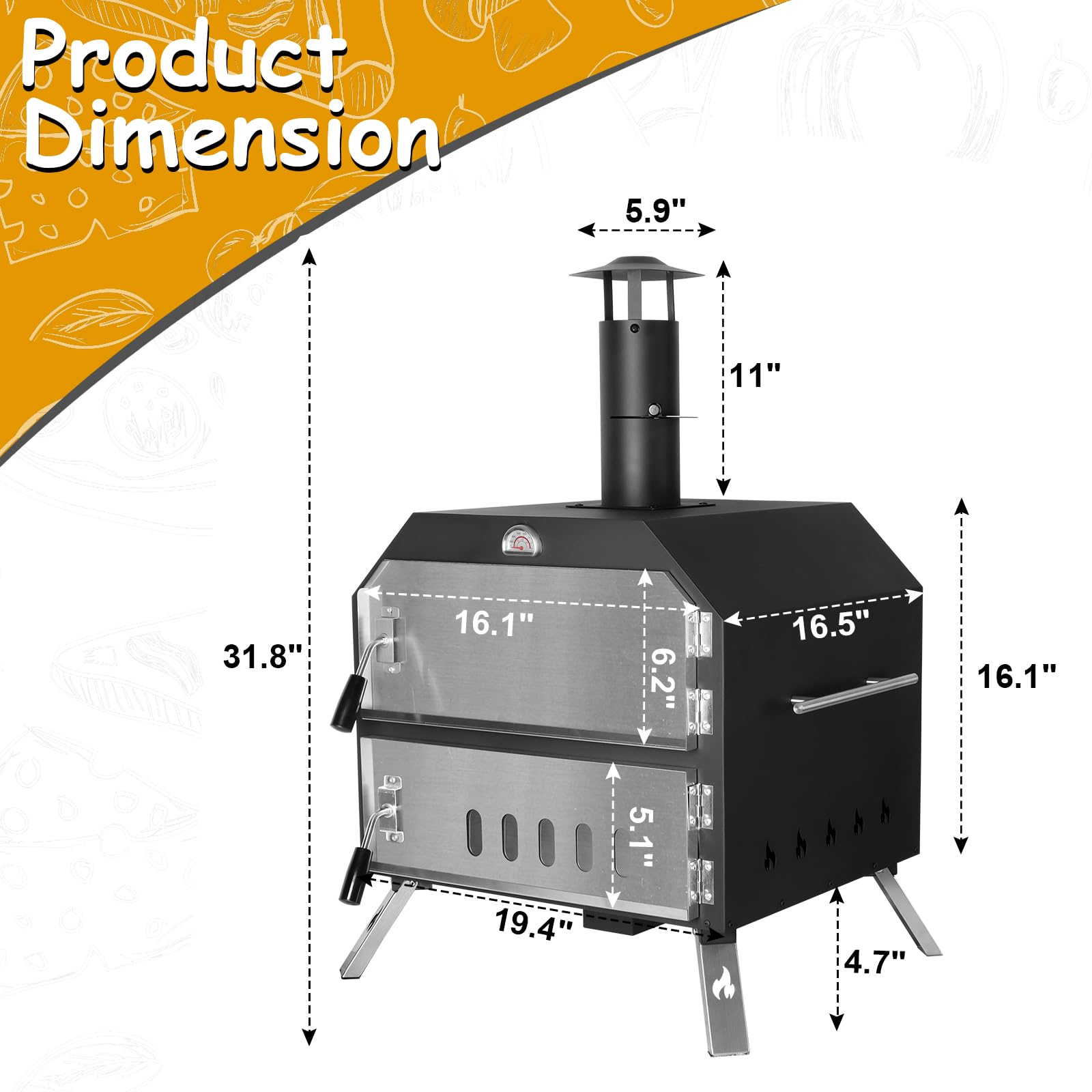 15’’ Outdoor Pizza Oven Wood Fired Pizza Oven Portable Patio Ovens Included Pizza Stone, Pizza Peel, Fold-up Legs, Cover Cooking Rack for Camping Backyard BBQ - CookCave
