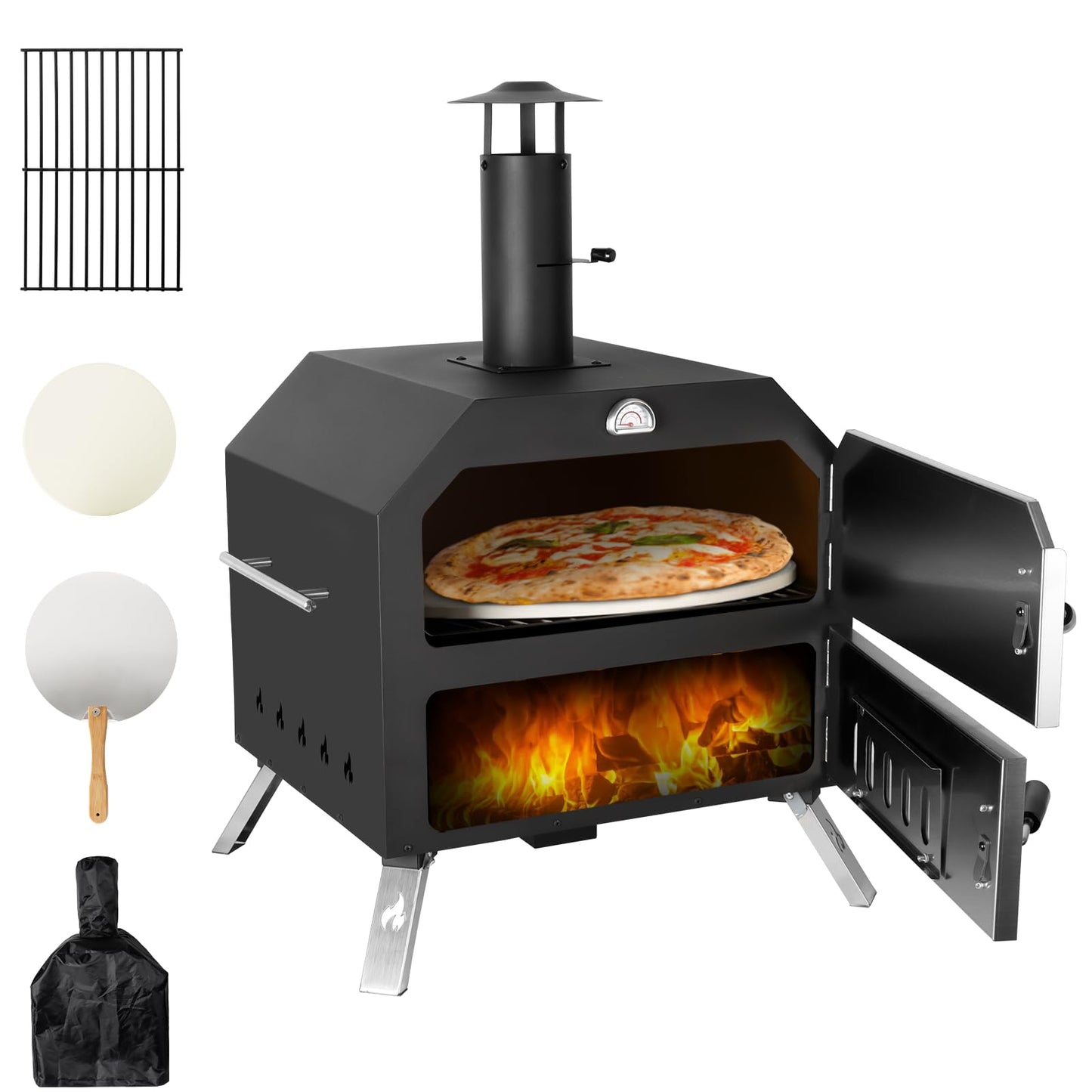 15’’ Outdoor Pizza Oven Wood Fired Pizza Oven Portable Patio Ovens Included Pizza Stone, Pizza Peel, Fold-up Legs, Cover Cooking Rack for Camping Backyard BBQ - CookCave