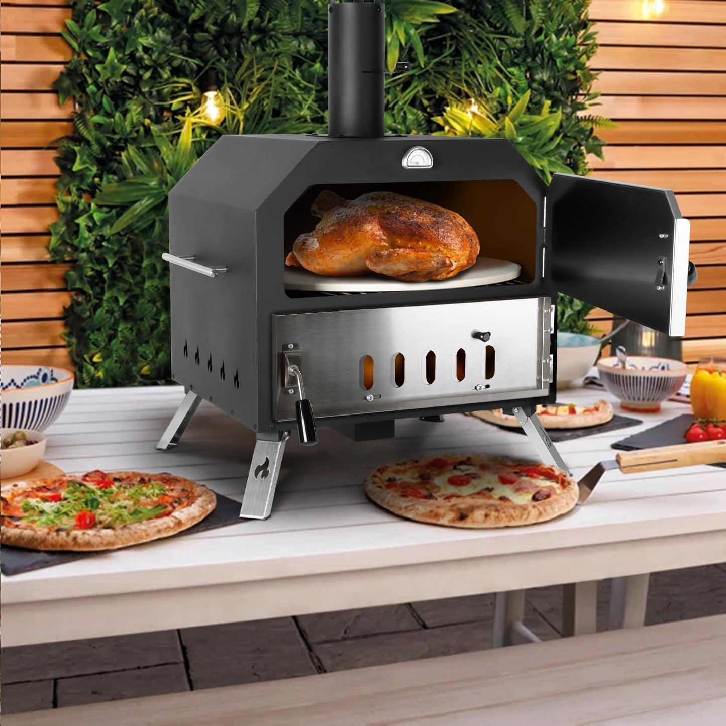 15’’ Outdoor Pizza Oven Wood Fired Pizza Oven Portable Patio Ovens Included Pizza Stone, Pizza Peel, Fold-up Legs, Cover Cooking Rack for Camping Backyard BBQ - CookCave