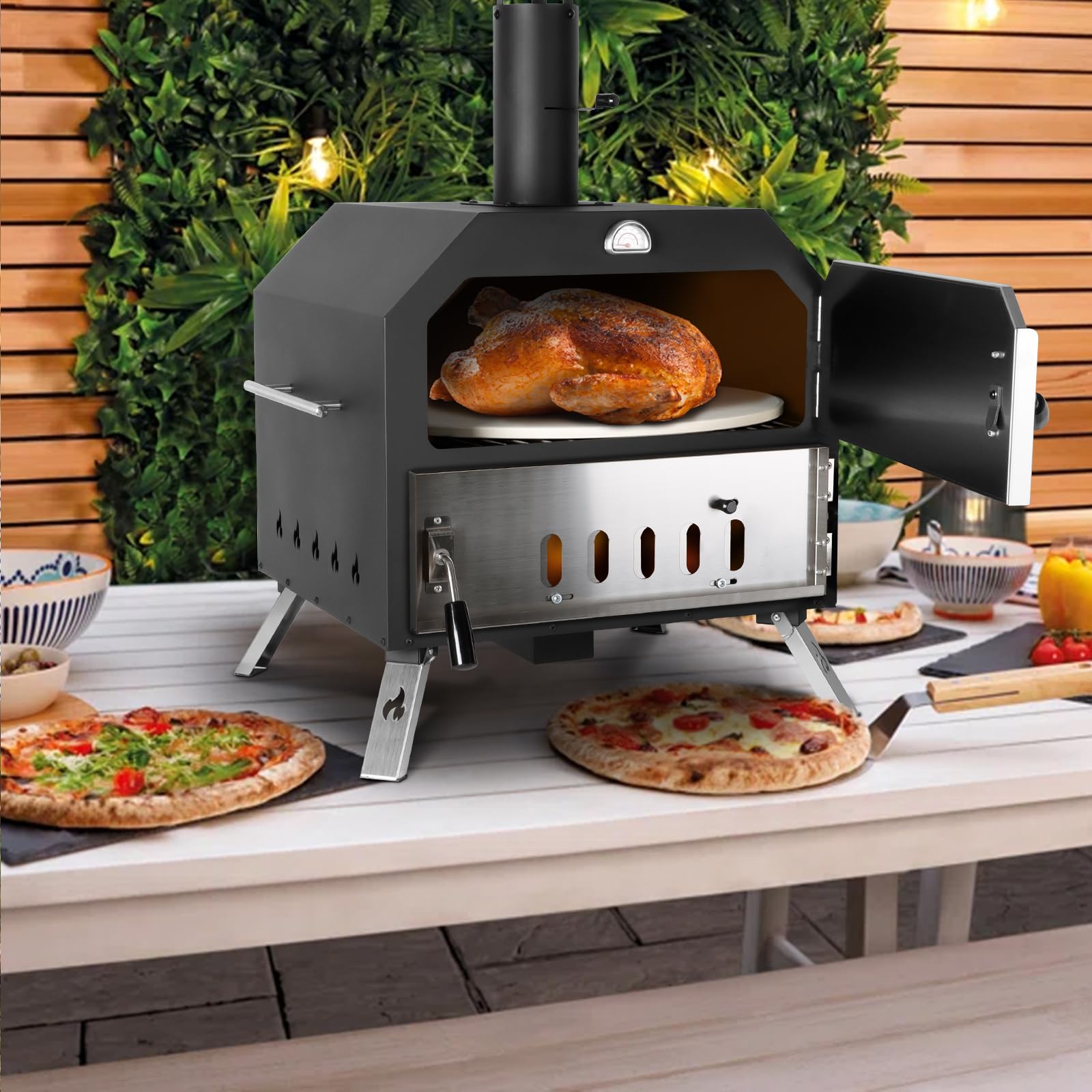 15’’ Outdoor Pizza Oven Wood Fired Pizza Oven Portable Patio Ovens Included Pizza Stone, Pizza Peel, Fold-up Legs, Cover Cooking Rack for Camping Backyard BBQ - CookCave