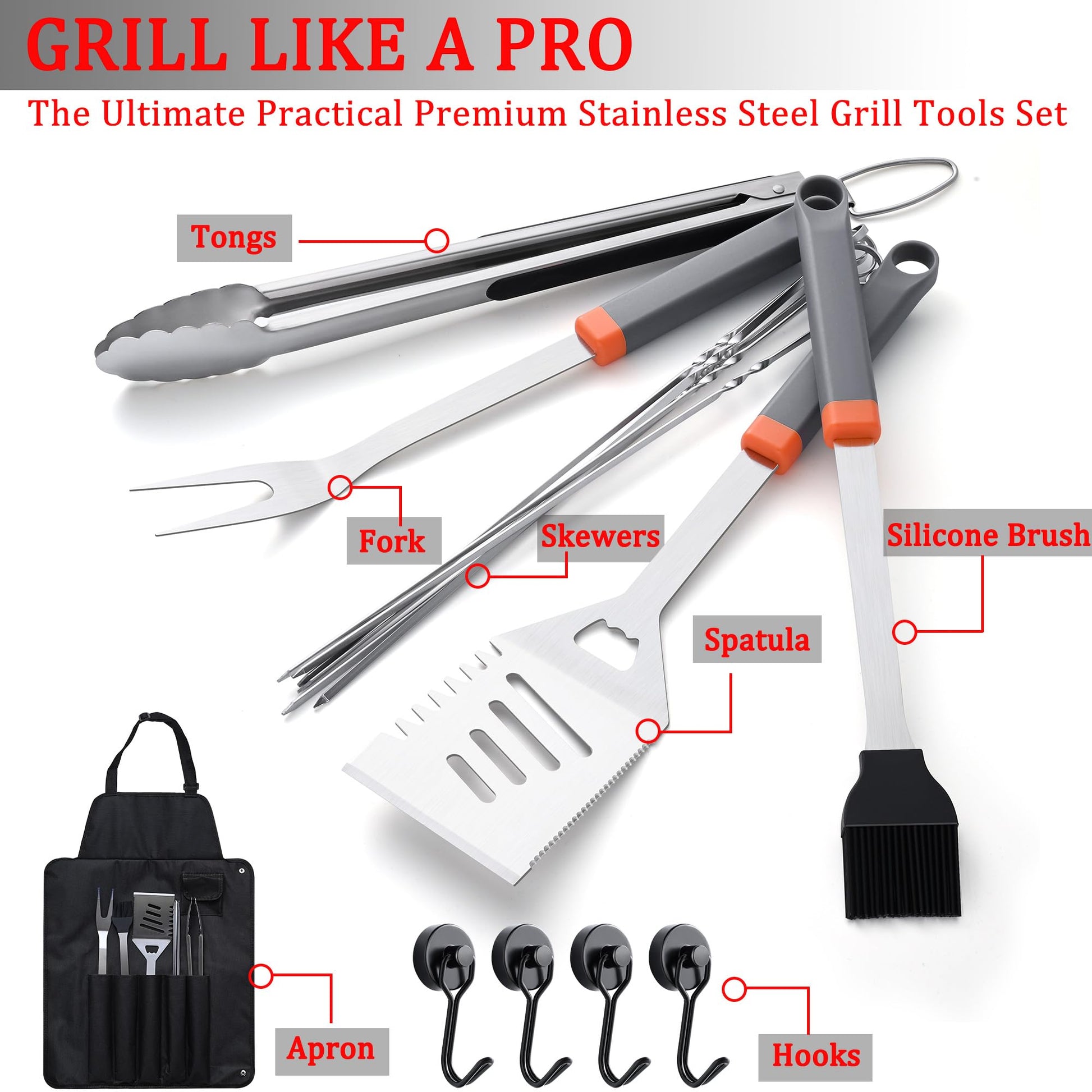 15-Piece Stainless Steel BBQ Grilling Accessories Kit, Premium BBQ Tools with Hooks & Storage Apron, Grill Utensils Set for Outdoor Grill, Cooking, Camping, Fathers Day Grilling Gifts for Men Dad - CookCave