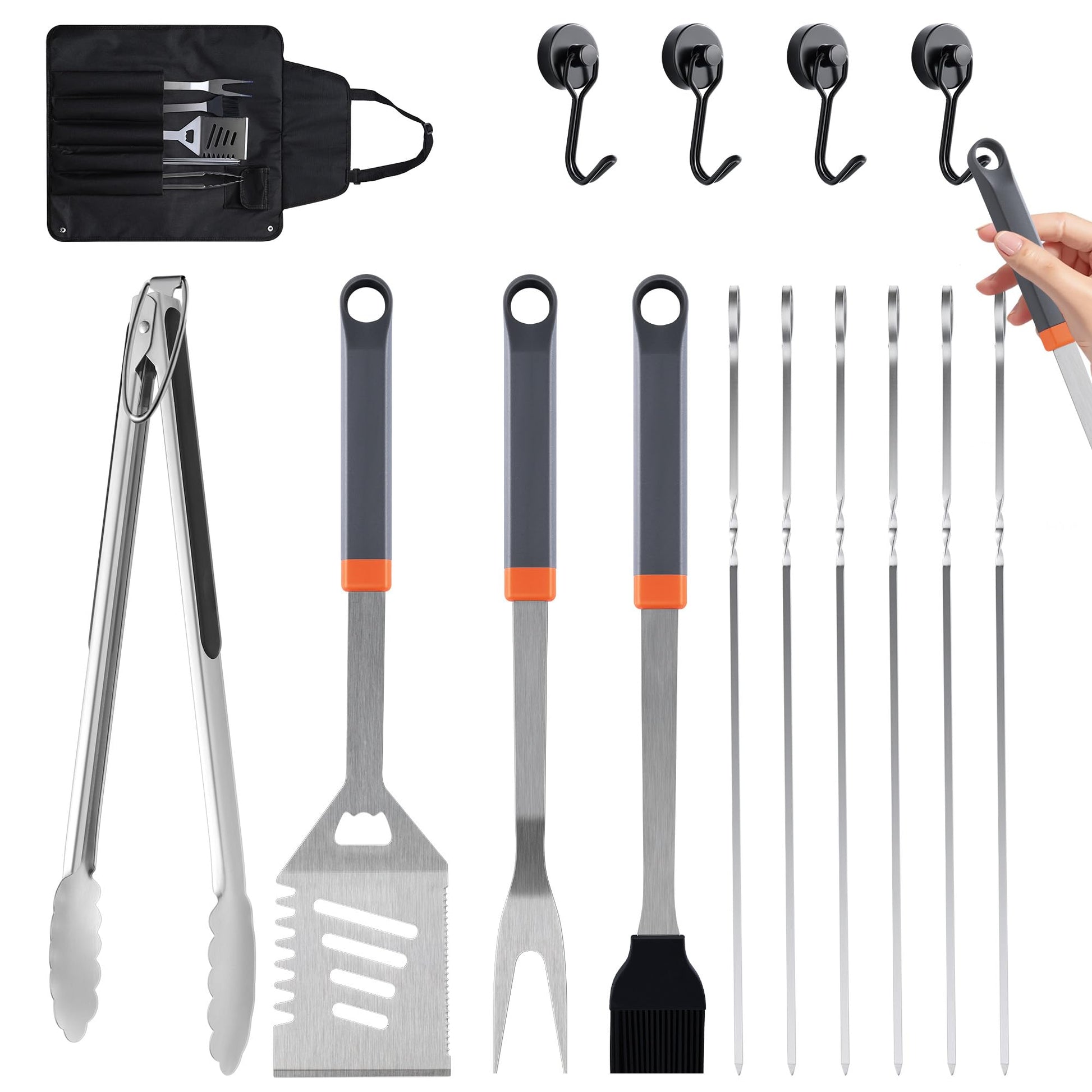 15-Piece Stainless Steel BBQ Grilling Accessories Kit, Premium BBQ Tools with Hooks & Storage Apron, Grill Utensils Set for Outdoor Grill, Cooking, Camping, Fathers Day Grilling Gifts for Men Dad - CookCave