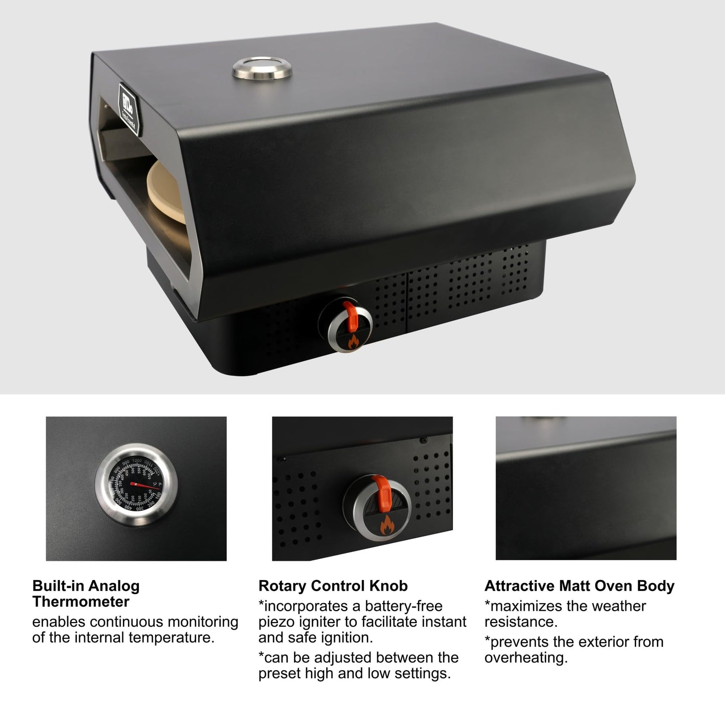 16" Propane Gas Portable Outdoor Pizza Oven w/Rotating Stone and Integrated Thermometer - Carry Bag, Peel, Cutter, 1 Lb. Cylinder Adapter and 4 Ft. Hose w/Regulator for 20 Lbs. Tanks Included - CookCave