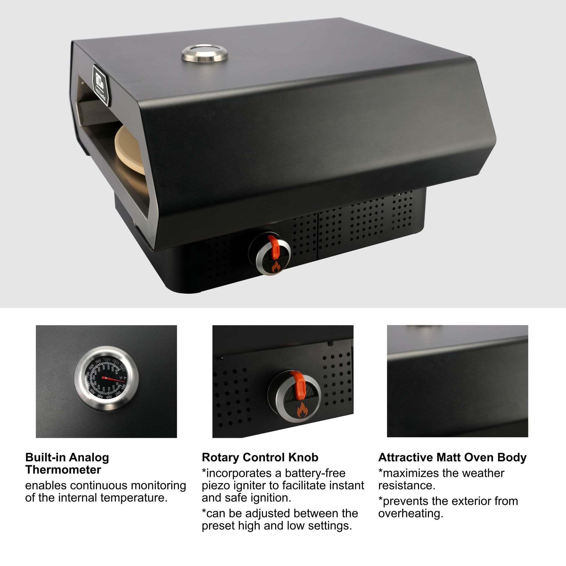 16" Propane Gas Portable Outdoor Pizza Oven w/Rotating Stone and Integrated Thermometer - Carry Bag, Peel, Cutter, 1 Lb. Cylinder Adapter and 4 Ft. Hose w/Regulator for 20 Lbs. Tanks Included - CookCave