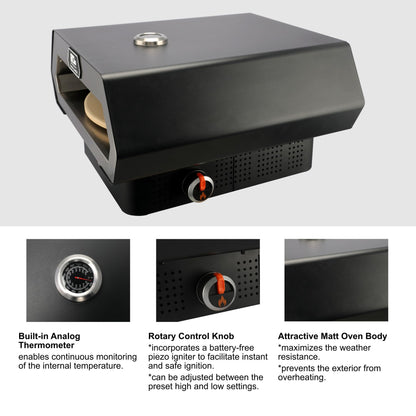 16" Propane Gas Portable Outdoor Pizza Oven w/Rotating Stone and Integrated Thermometer - Carry Bag, Peel, Cutter, 1 Lb. Cylinder Adapter and 4 Ft. Hose w/Regulator for 20 Lbs. Tanks Included - CookCave