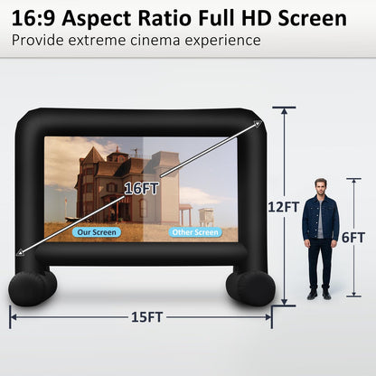 16ft Giant Inflatable Projector Screen for Outside with IP68 Build-in Blower, Front/Rear Projection, Plug&Play, Portable Outdoor Blow Up Screen for Backyard Movie Night, Theme Parties, Celebrations - CookCave