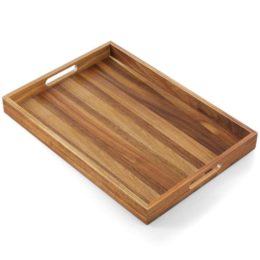 17 Inch Acacia Wood Serving Tray with Handles - Extra Large Wooden Tray for Ottoman, Breakfast in Bed, Dinner, Coffee Table - Decorative Rectangular Tray for Living Room Bedroom Entryway and Kitchen - CookCave