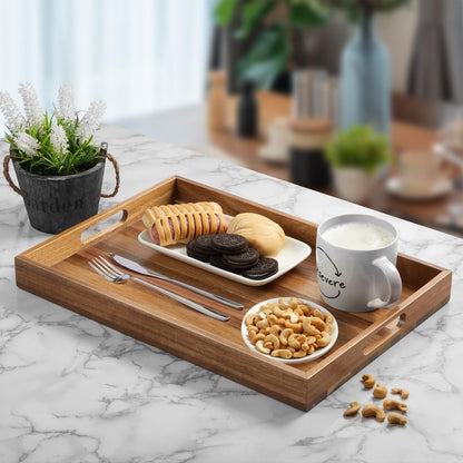 17 Inch Acacia Wood Serving Tray with Handles - Extra Large Wooden Tray for Ottoman, Breakfast in Bed, Dinner, Coffee Table - Decorative Rectangular Tray for Living Room Bedroom Entryway and Kitchen - CookCave