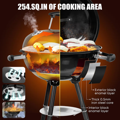 18 Inch Charcoal Grill, HaSteeL 2-In-1 Kettle Outdoor Barbecue Grill, Portable Black BBQ Grill for Camping/Backyard/Patio/Picnic, Porcelain-Enameled Lid & Fire Bowl, 254.SQ.IN Cooking Area, 13-Piece - CookCave