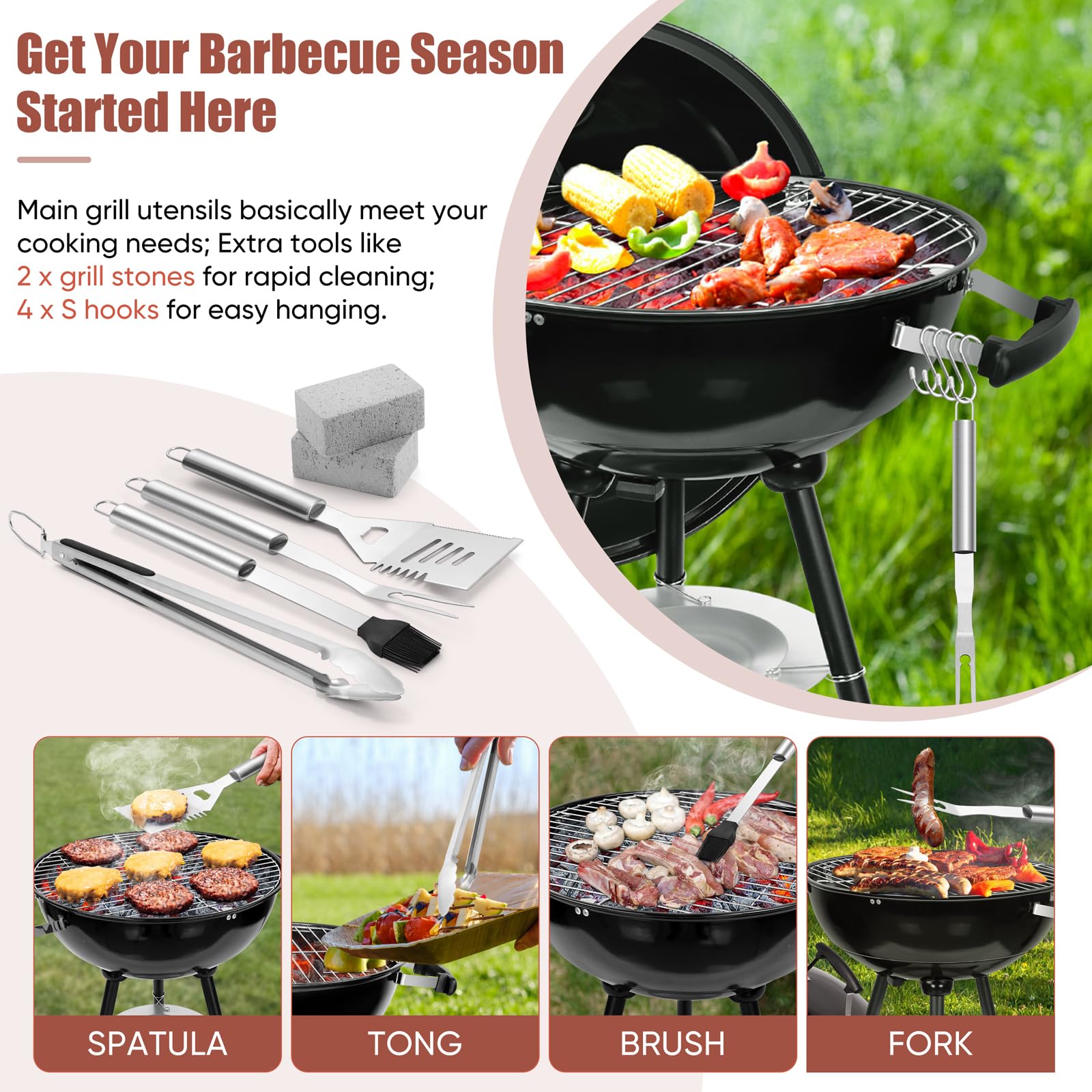 18 Inch Charcoal Grill, HaSteeL 2-In-1 Kettle Outdoor Barbecue Grill, Portable Black BBQ Grill for Camping/Backyard/Patio/Picnic, Porcelain-Enameled Lid & Fire Bowl, 254.SQ.IN Cooking Area, 13-Piece - CookCave
