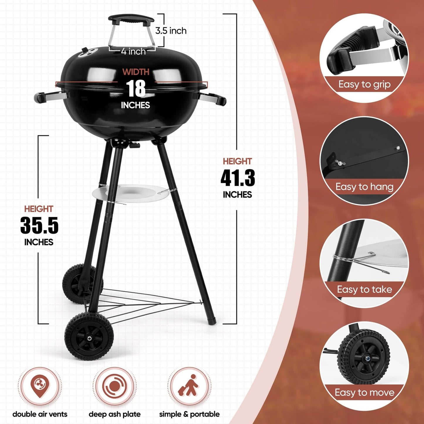 18 Inch Charcoal Grill, HaSteeL 2-In-1 Kettle Outdoor Barbecue Grill, Portable Black BBQ Grill for Camping/Backyard/Patio/Picnic, Porcelain-Enameled Lid & Fire Bowl, 254.SQ.IN Cooking Area, 13-Piece - CookCave