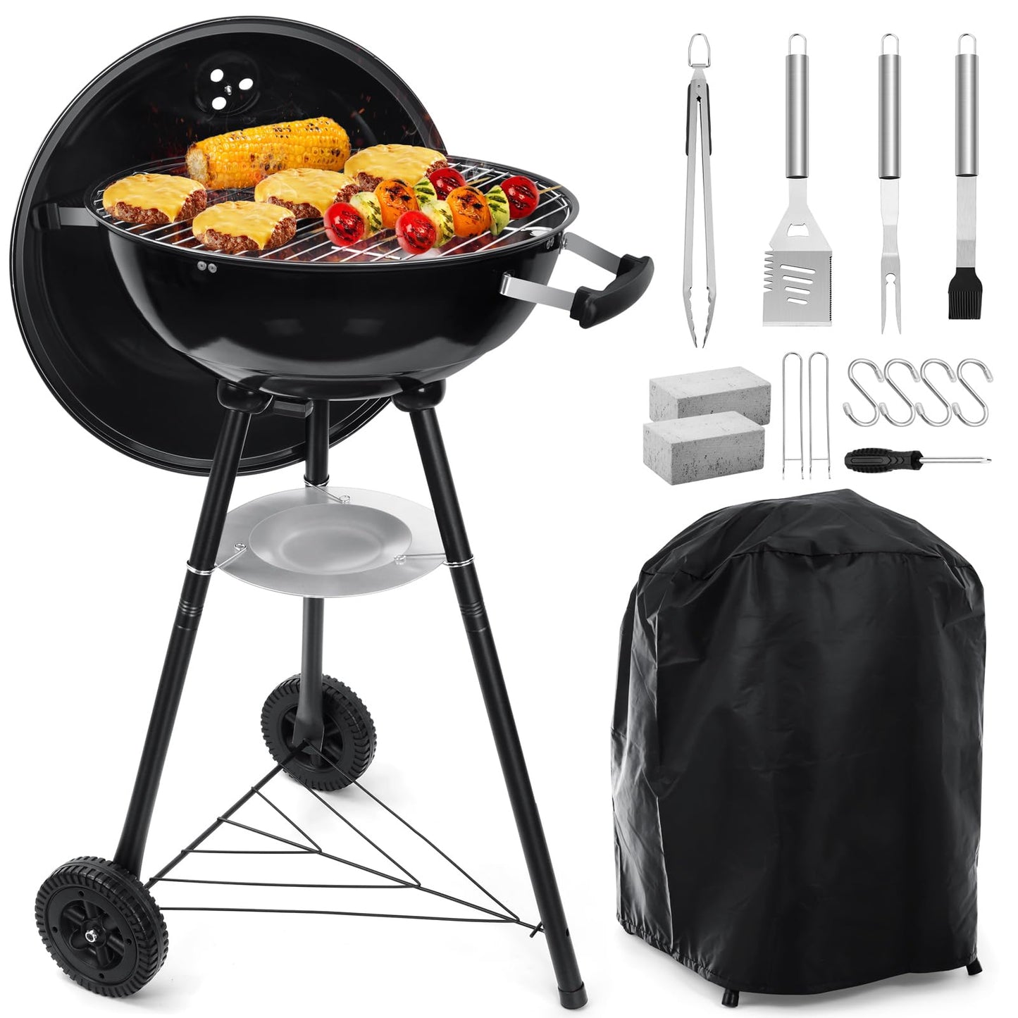18 Inch Charcoal Grill, HaSteeL 2-In-1 Kettle Outdoor Barbecue Grill, Portable Black BBQ Grill for Camping/Backyard/Patio/Picnic, Porcelain-Enameled Lid & Fire Bowl, 254.SQ.IN Cooking Area, 13-Piece - CookCave