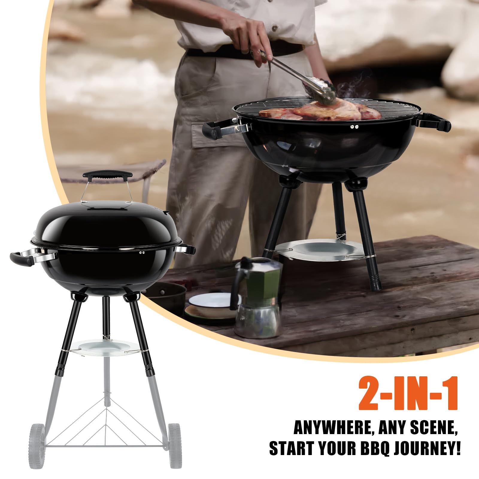 18 Inch Kettle Charcoal Grill, Leonyo Outdoor Barbecue Kettle Grill, Portable Round Smoker with Wheels, Porcelain-Enameled Lid & Fire Bowl, Perfect for Camping/Backyard/Tabletop Cooking/BBQ Party - CookCave