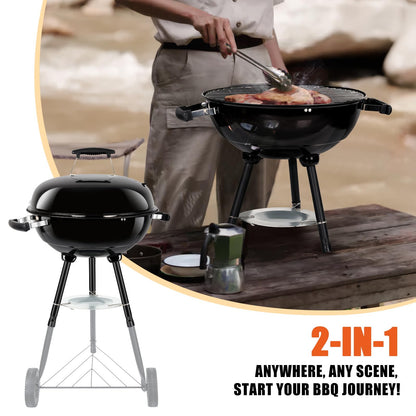 18 Inch Kettle Charcoal Grill, Leonyo Outdoor Barbecue Kettle Grill, Portable Round Smoker with Wheels, Porcelain-Enameled Lid & Fire Bowl, Perfect for Camping/Backyard/Tabletop Cooking/BBQ Party - CookCave