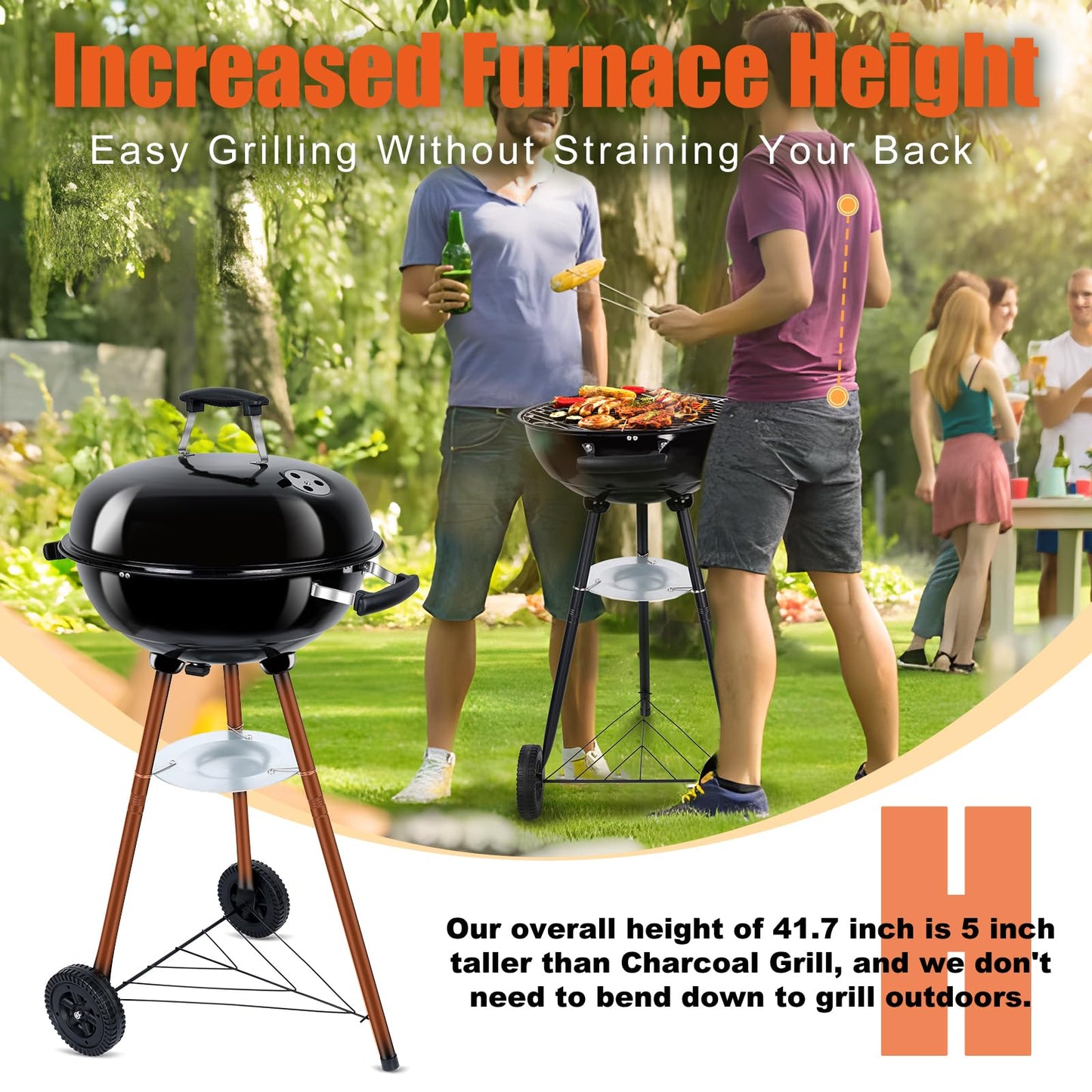 18 Inch Kettle Charcoal Grill, Leonyo Outdoor Barbecue Kettle Grill, Portable Round Smoker with Wheels, Porcelain-Enameled Lid & Fire Bowl, Perfect for Camping/Backyard/Tabletop Cooking/BBQ Party - CookCave