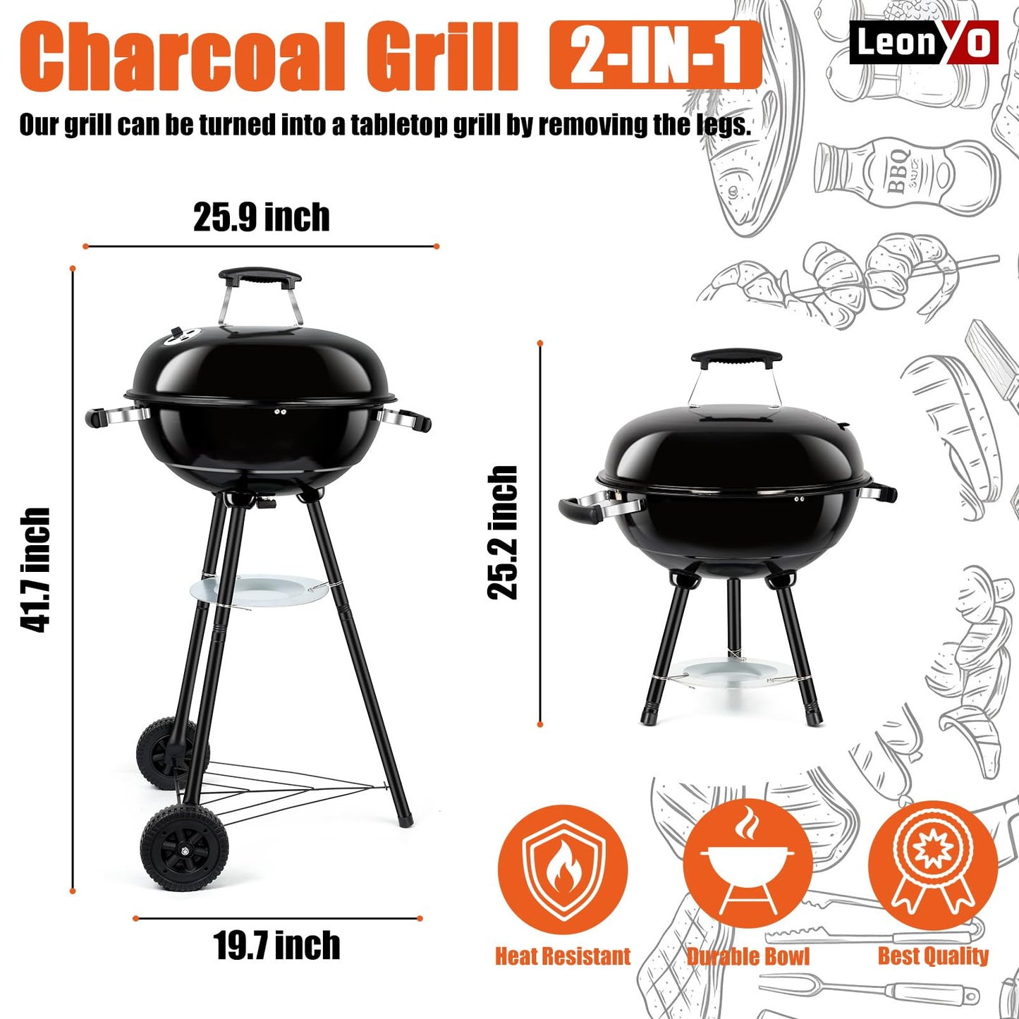 18 Inch Kettle Charcoal Grill, Leonyo Outdoor Barbecue Kettle Grill, Portable Round Smoker with Wheels, Porcelain-Enameled Lid & Fire Bowl, Perfect for Camping/Backyard/Tabletop Cooking/BBQ Party - CookCave