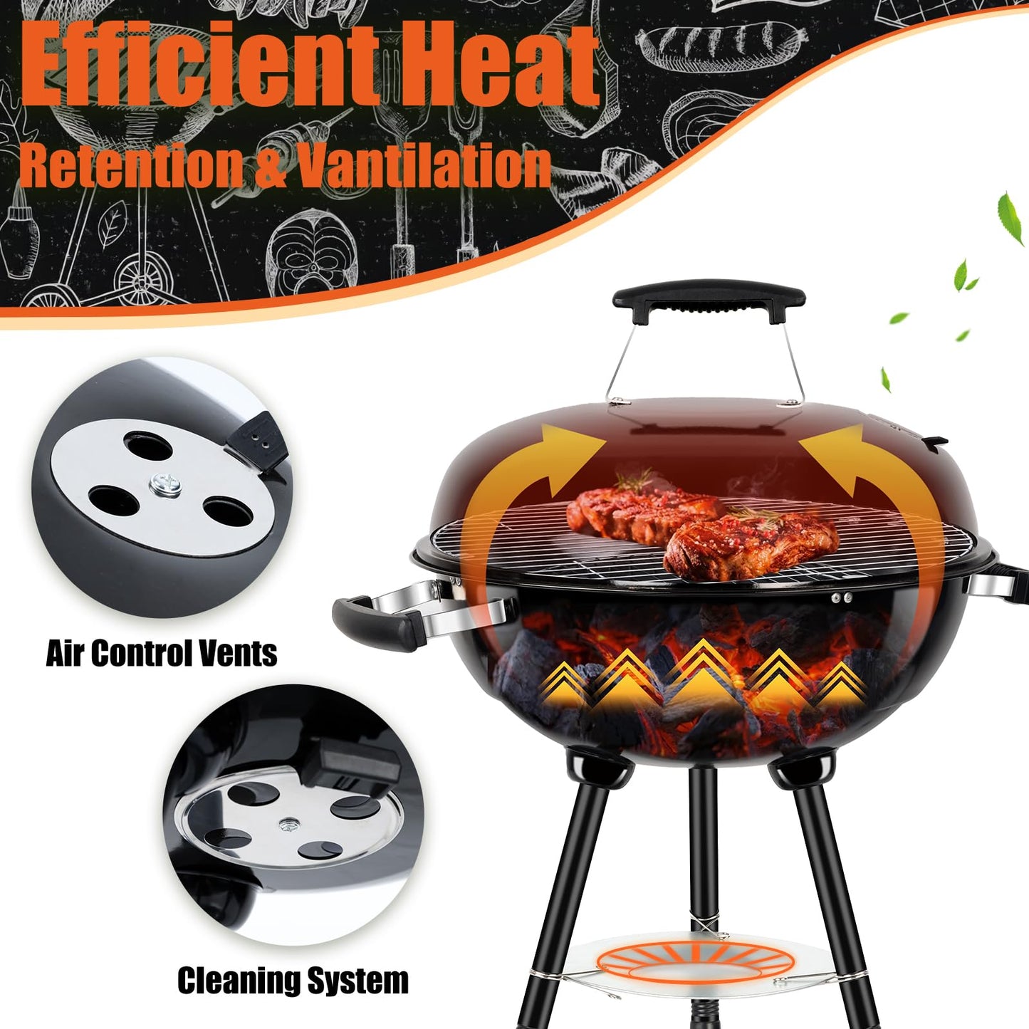 18 Inch Kettle Charcoal Grill, Leonyo Outdoor Barbecue Kettle Grill, Portable Round Smoker with Wheels, Porcelain-Enameled Lid & Fire Bowl, Perfect for Camping/Backyard/Tabletop Cooking/BBQ Party - CookCave