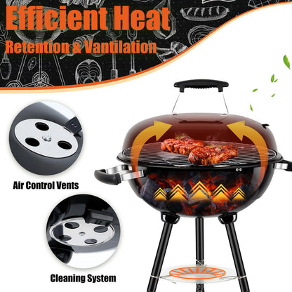 18 Inch Kettle Charcoal Grill, Leonyo Outdoor Barbecue Kettle Grill, Portable Round Smoker with Wheels, Porcelain-Enameled Lid & Fire Bowl, Perfect for Camping/Backyard/Tabletop Cooking/BBQ Party - CookCave