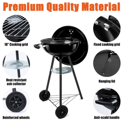 18 Inch Kettle Charcoal Grill, Leonyo Outdoor Barbecue Kettle Grill, Portable Round Smoker with Wheels, Porcelain-Enameled Lid & Fire Bowl, Perfect for Camping/Backyard/Tabletop Cooking/BBQ Party - CookCave