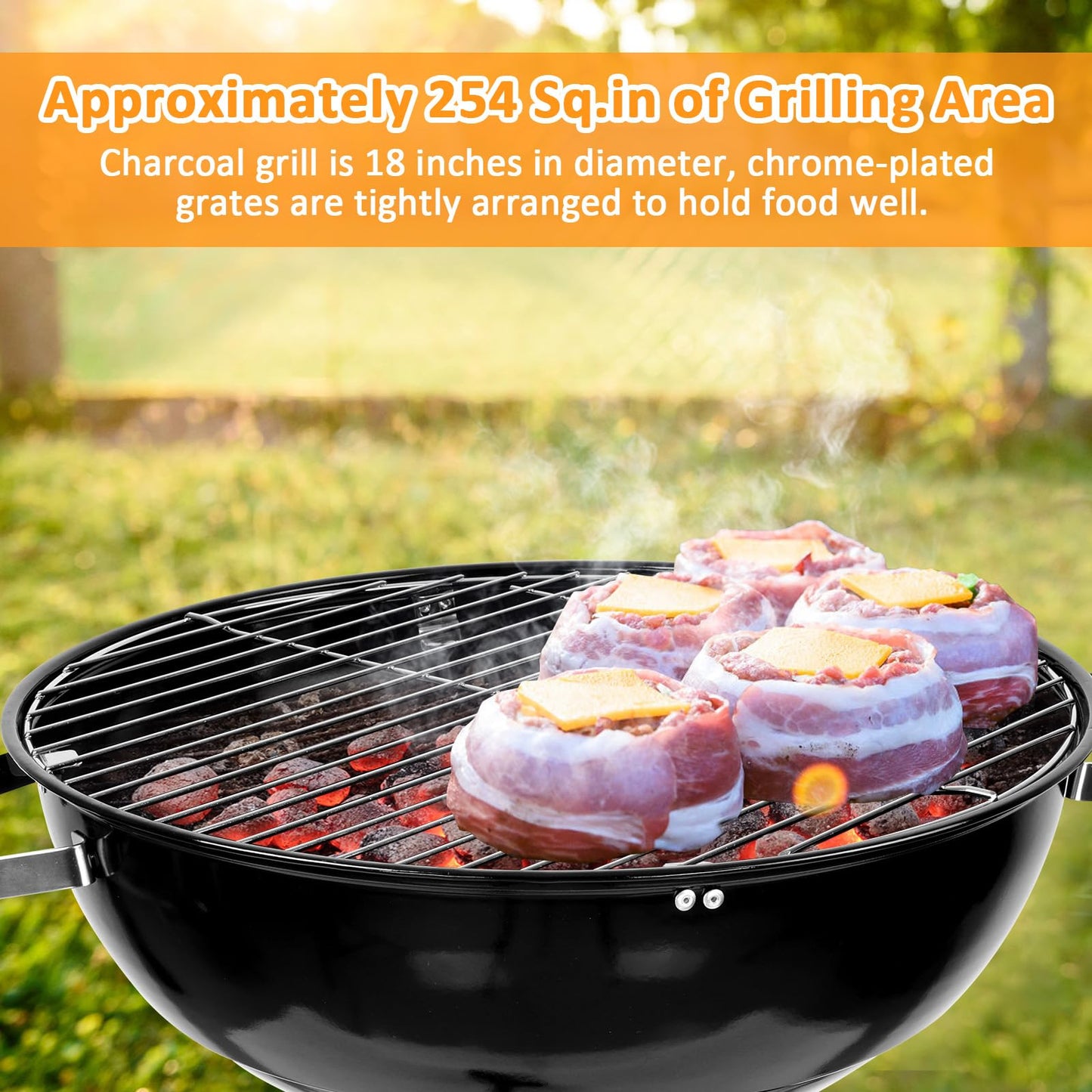 18 inch Kettle Charcoal Grills, Leonyo Portable BBQ Charcoal Grill for Outdoor with Cover & Chimney Starter, Griddle Accessories for Camping, Patio, Backyard Cooking - 254 Sq.in - CookCave