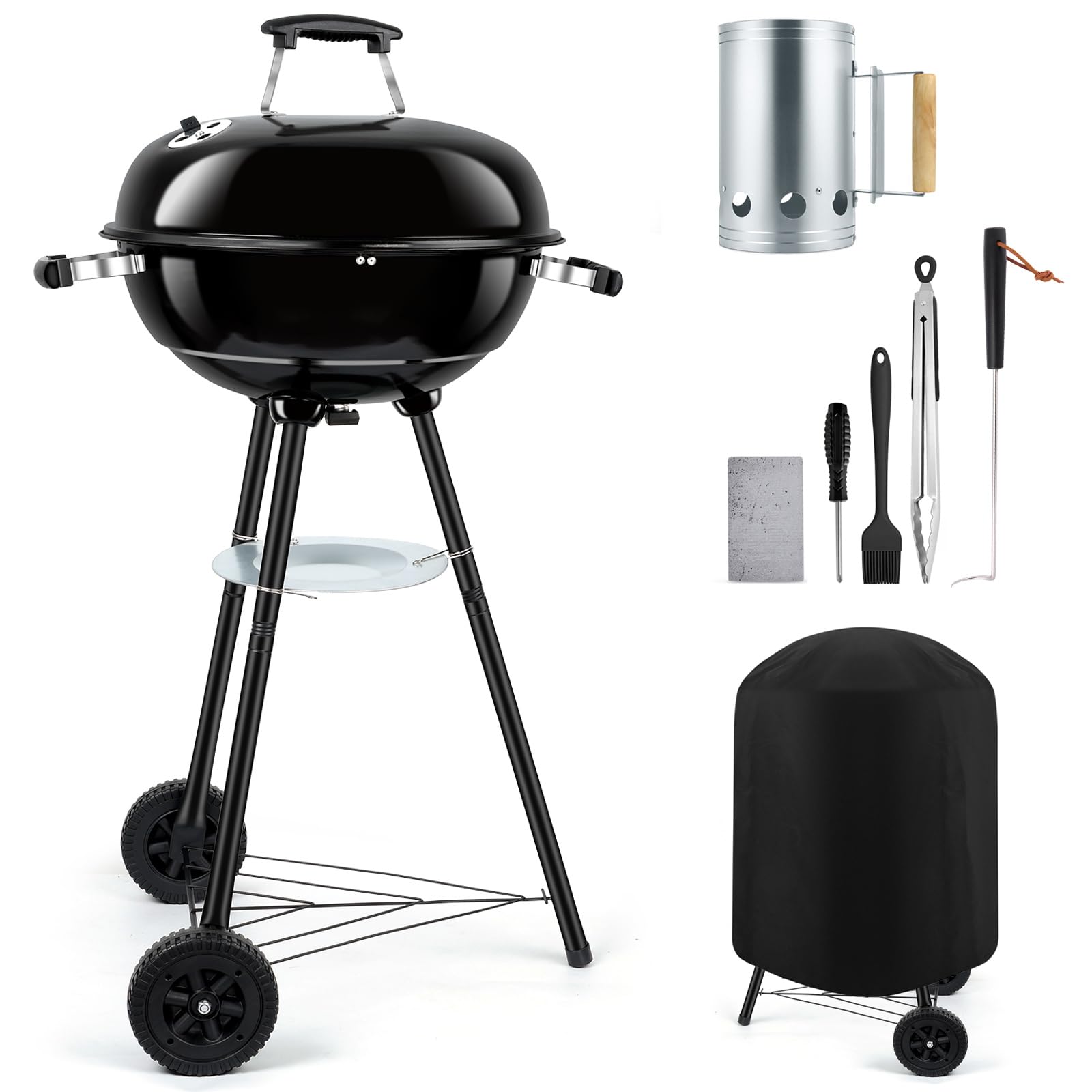 18 inch Kettle Charcoal Grills, Leonyo Portable BBQ Charcoal Grill for Outdoor with Cover & Chimney Starter, Griddle Accessories for Camping, Patio, Backyard Cooking - 254 Sq.in - CookCave