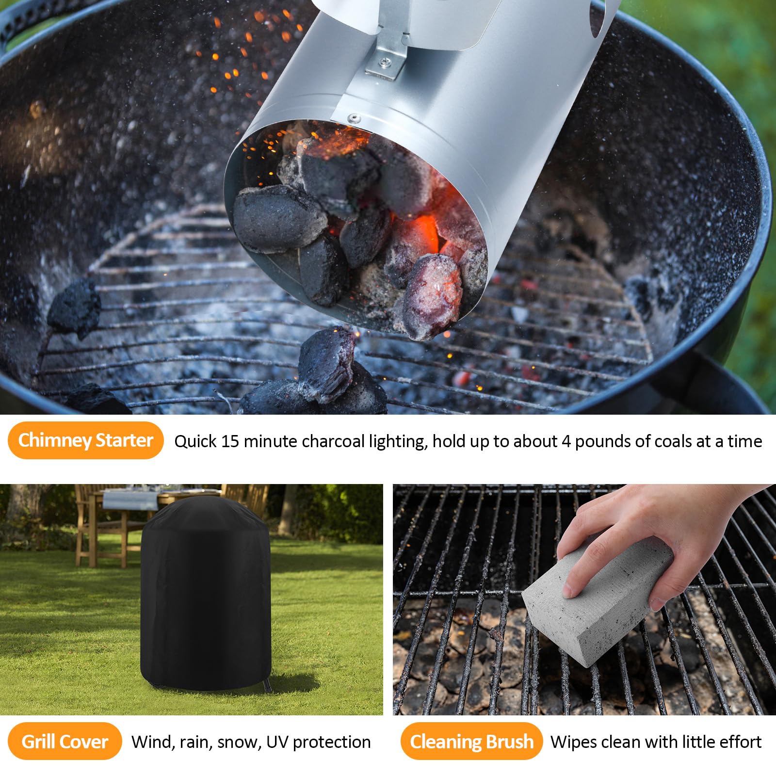 18 inch Kettle Charcoal Grills, Leonyo Portable BBQ Charcoal Grill for Outdoor with Cover & Chimney Starter, Griddle Accessories for Camping, Patio, Backyard Cooking - 254 Sq.in - CookCave