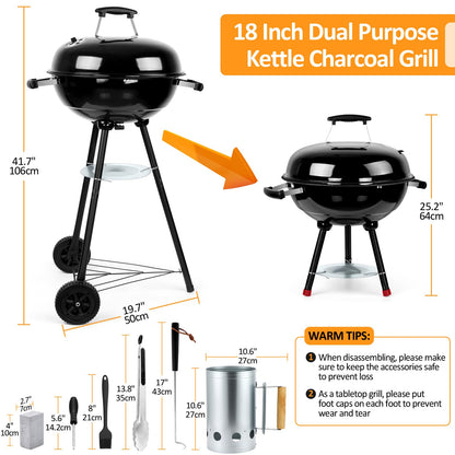 18 inch Kettle Charcoal Grills, Leonyo Portable BBQ Charcoal Grill for Outdoor with Cover & Chimney Starter, Griddle Accessories for Camping, Patio, Backyard Cooking - 254 Sq.in - CookCave