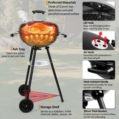 18 inch Kettle Charcoal Grills, Leonyo Portable BBQ Charcoal Grill for Outdoor with Cover & Chimney Starter, Griddle Accessories for Camping, Patio, Backyard Cooking - 254 Sq.in - CookCave