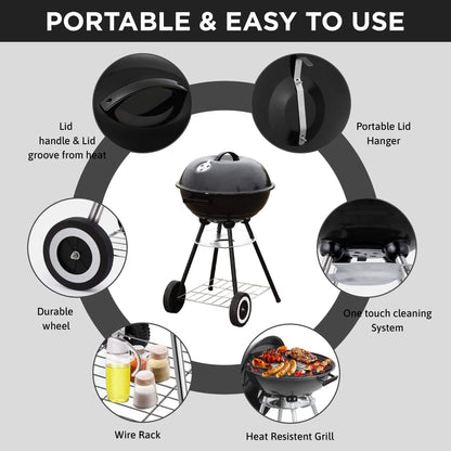 18 Inch Portable Charcoal Grill – Heavy-Duty Round BBQ Grill with Thickened Grilling Bowl, Sturdy with 4 Legs & Wheels for Small Outdoor Barbecue, Camping, Travel, Tailgating & Backyard Cooking - CookCave