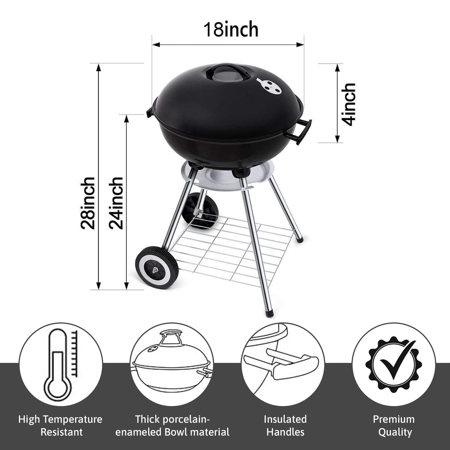 18 Inch Portable Charcoal Grill – Heavy-Duty Round BBQ Grill with Thickened Grilling Bowl, Sturdy with 4 Legs & Wheels for Small Outdoor Barbecue, Camping, Travel, Tailgating & Backyard Cooking - CookCave
