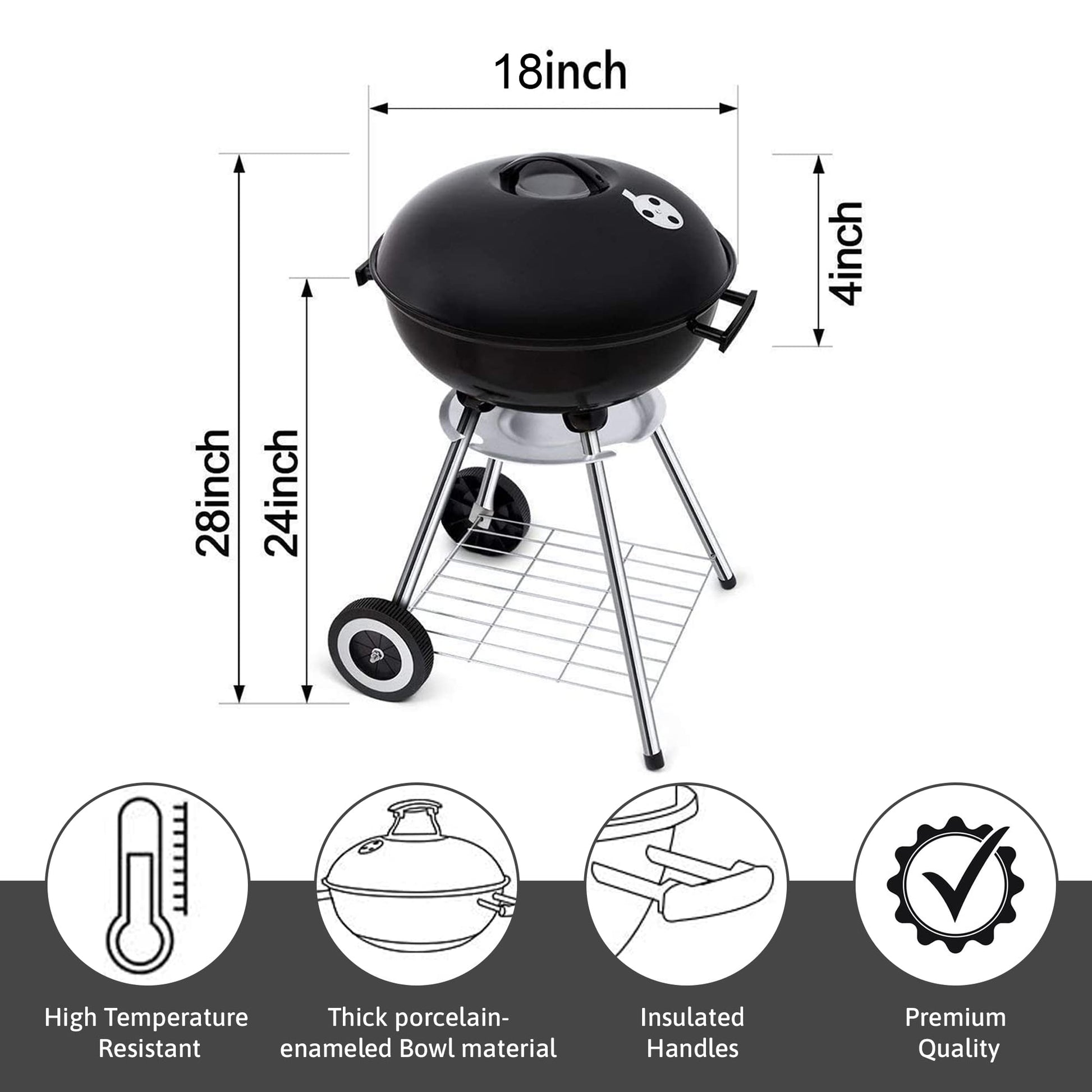 18 Inch Portable Charcoal Grill – Heavy-Duty Round BBQ Grill with Thickened Grilling Bowl, Sturdy with 4 Legs & Wheels for Small Outdoor Barbecue, Camping, Travel, Tailgating & Backyard Cooking - CookCave