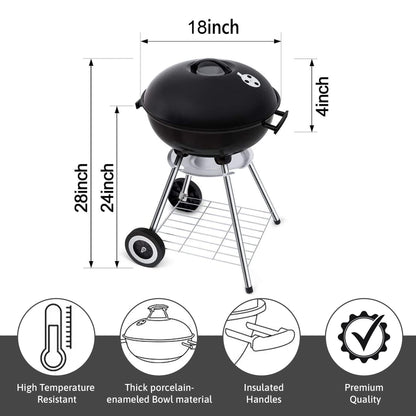 18 Inch Portable Charcoal Grill – Heavy-Duty Round BBQ Grill with Thickened Grilling Bowl, Sturdy with 4 Legs & Wheels for Small Outdoor Barbecue, Camping, Travel, Tailgating & Backyard Cooking - CookCave