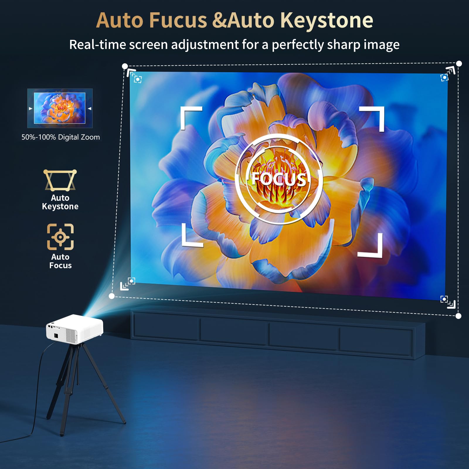 1800 Ansi Smart Outdoor Projector 4K with WIFI and Bluetooth,Auto Focus,DoIby Audio,ARC,PPT,Outdoor Movie Home Projector 4k HDR10+30W Speaker,50%Zoom,500''Display,Compatible w/ TV Stick,iOS,Android,PC - CookCave