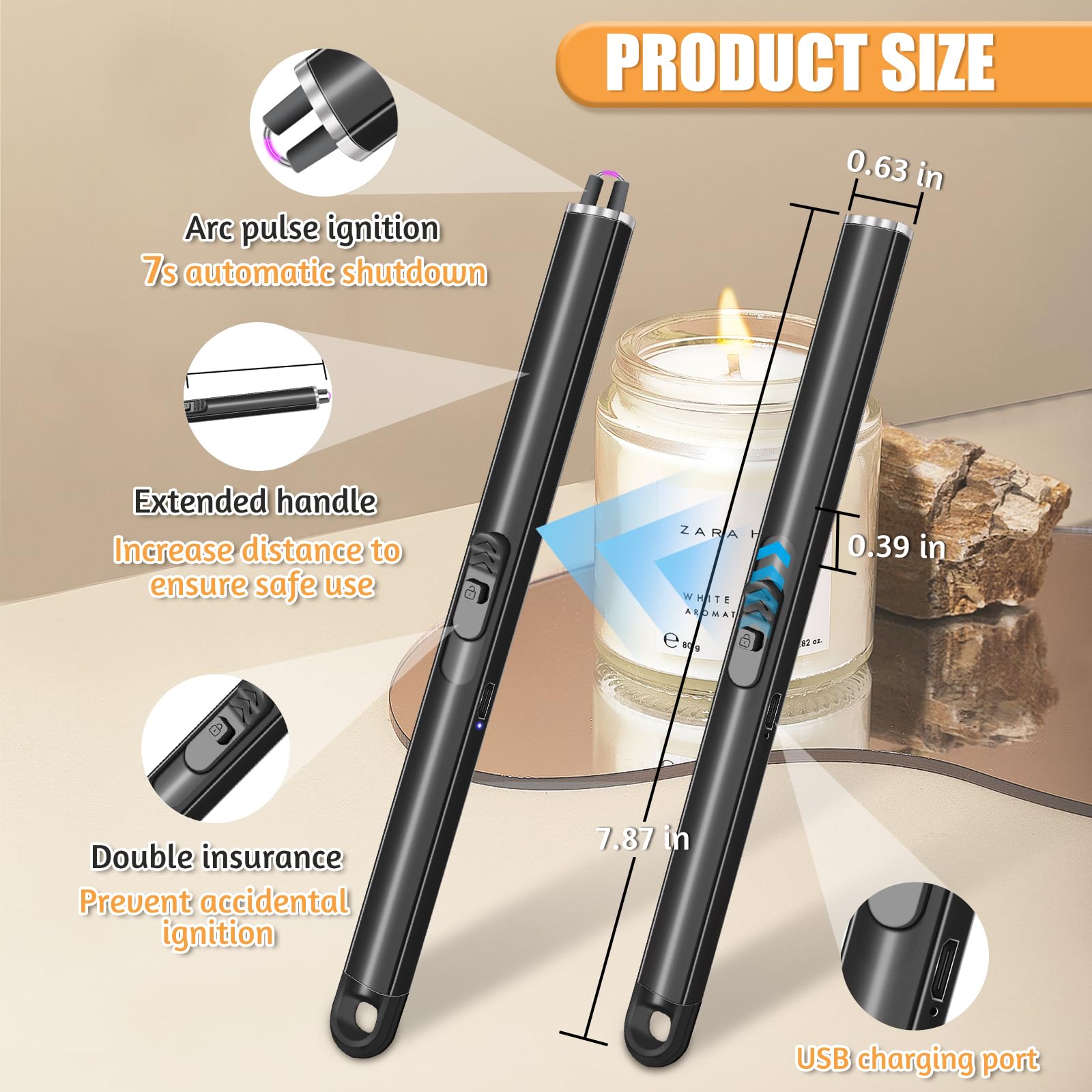 2 Pack Electric Candle Lighters, Windproof Flameless & Double Safety Lock Design, USB Rechargeable Lighter with Extended Handle, Suitable for Candles, BBQ, Camping, Gas Stove, Festivals Gift (Black) - CookCave