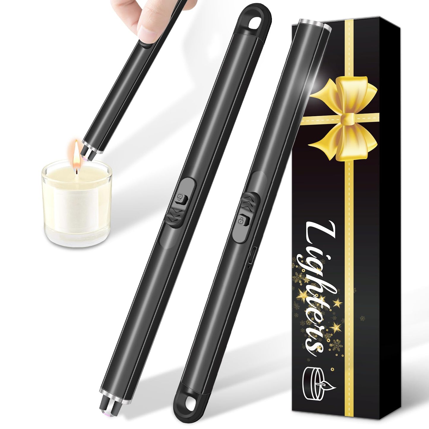 2 Pack Electric Candle Lighters, Windproof Flameless & Double Safety Lock Design, USB Rechargeable Lighter with Extended Handle, Suitable for Candles, BBQ, Camping, Gas Stove, Festivals Gift (Black) - CookCave