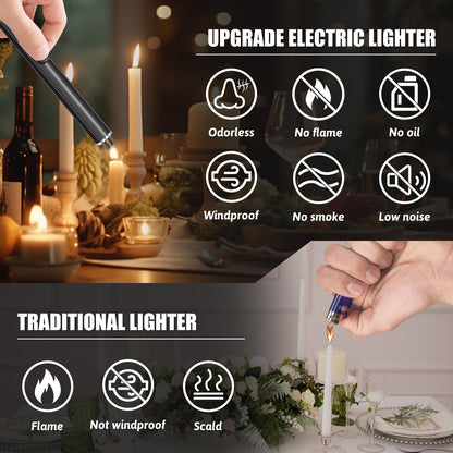 2 Pack Electric Candle Lighters, Windproof Flameless & Double Safety Lock Design, USB Rechargeable Lighter with Extended Handle, Suitable for Candles, BBQ, Camping, Gas Stove, Festivals Gift (Black) - CookCave